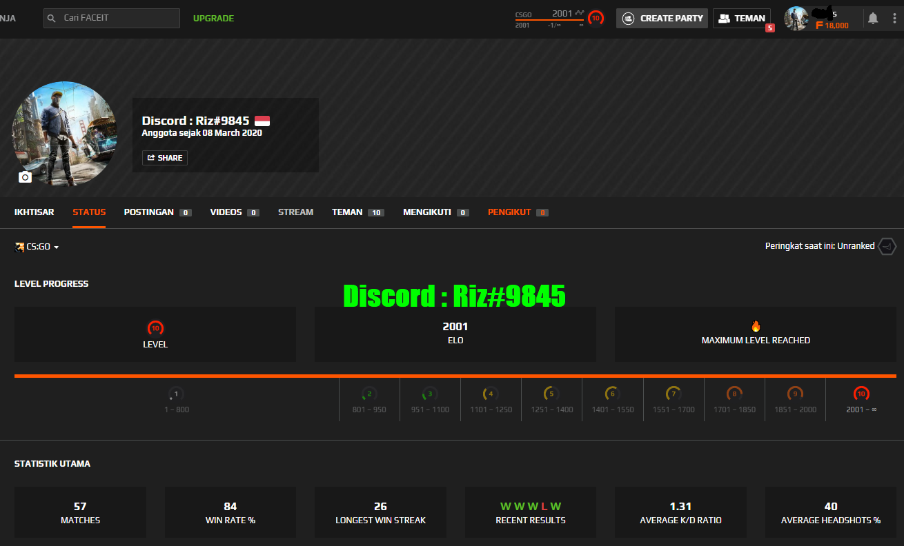 Account Faceit Level 10 (2,019 Elo, 1.7 K/D, 70% Winrate)