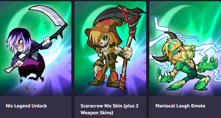 Prime Gaming on X: This hair-raising pack for @Brawlhalla can be all yours  for FREE with #PrimeGaming! 👻👑 The Halloween Bundle: 💀Nix Legend Unlock  🎃Scarecrow Nix Skin (plus 2 Weapon Skins) 🦇Maniacal