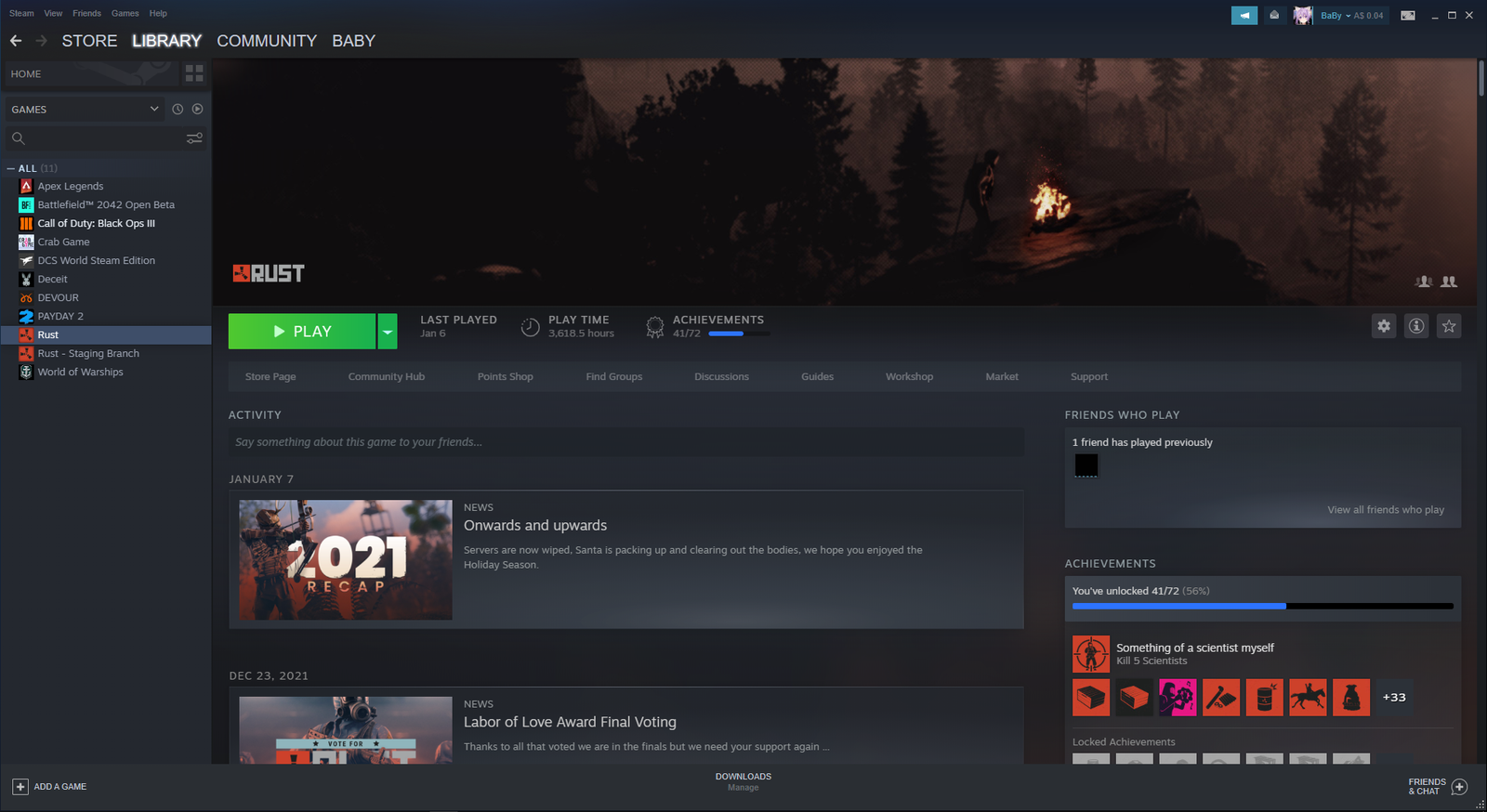 Selling Rust Steam Account 3600 Hours Steam Level 3 15 Discord WillY 