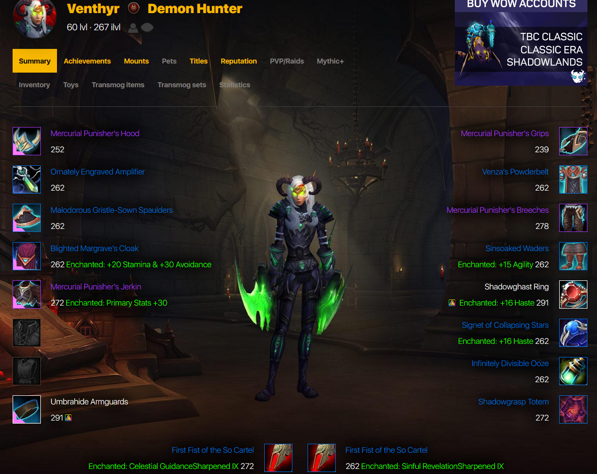 SOLD - 267 DH 4set /WoD CM gold xmog/ Unity 291 ilvl/ Venth-NF renown 80 /  - EpicNPC