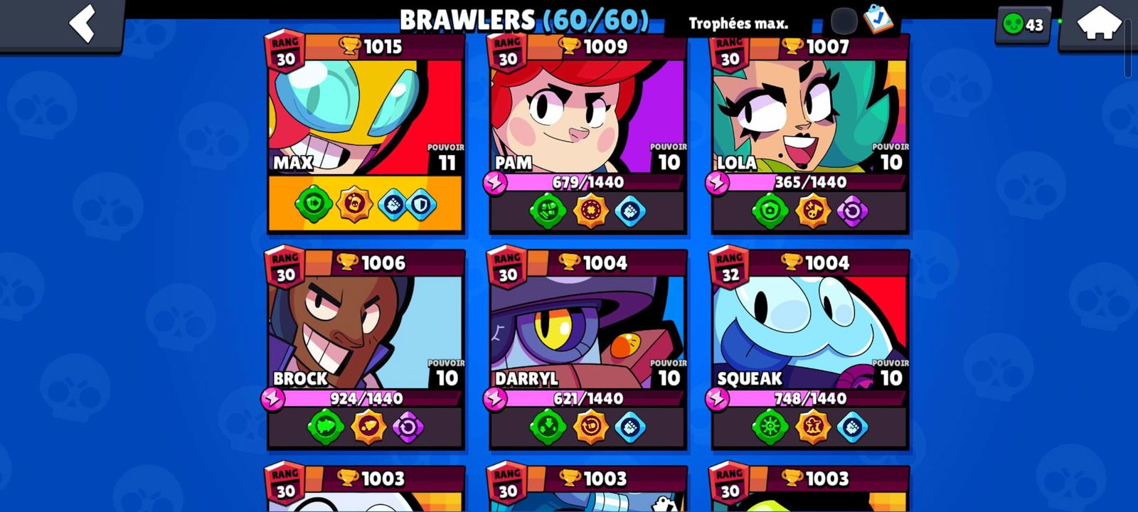 Brawl stars 60k account , 43k 3v3 win , lvl 348 , 32 brawlers at power ...