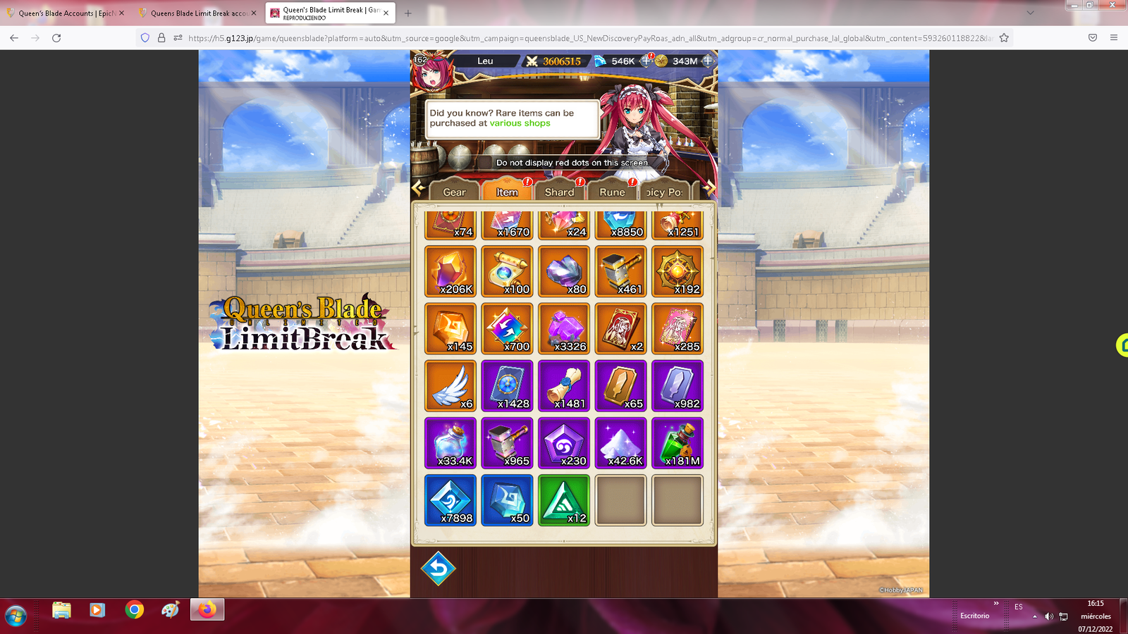 Selling - Queens Blade Limit Break account 3.6M Power 550k gems - EpicNPC