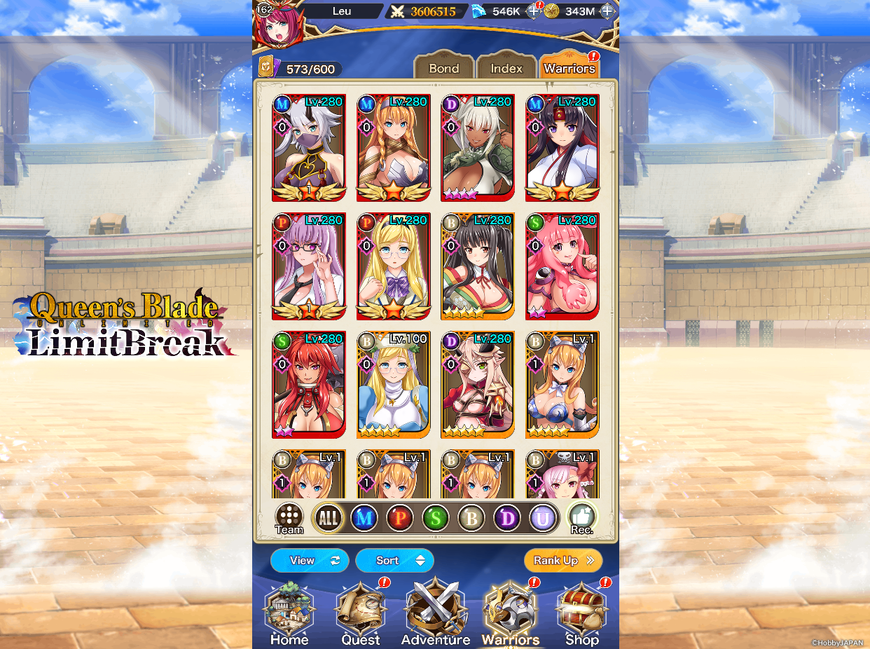 Selling - Queens Blade Limit Break account 3.6M Power 550k gems - EpicNPC