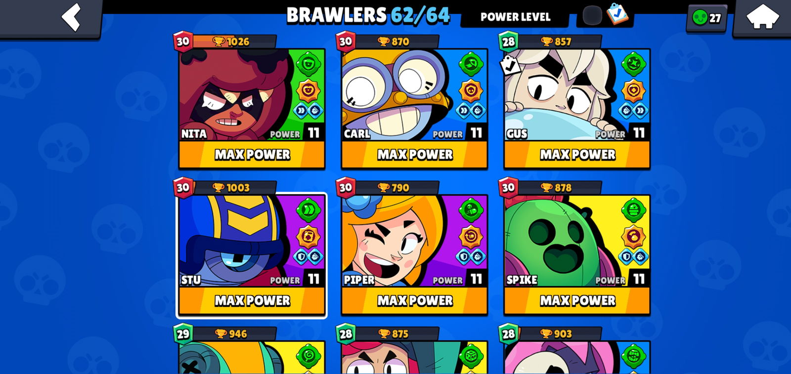 Brawl stars 45k account - 62/64 brawlers - 10 rank 30 - 8 lvl11 - l2 pl ...