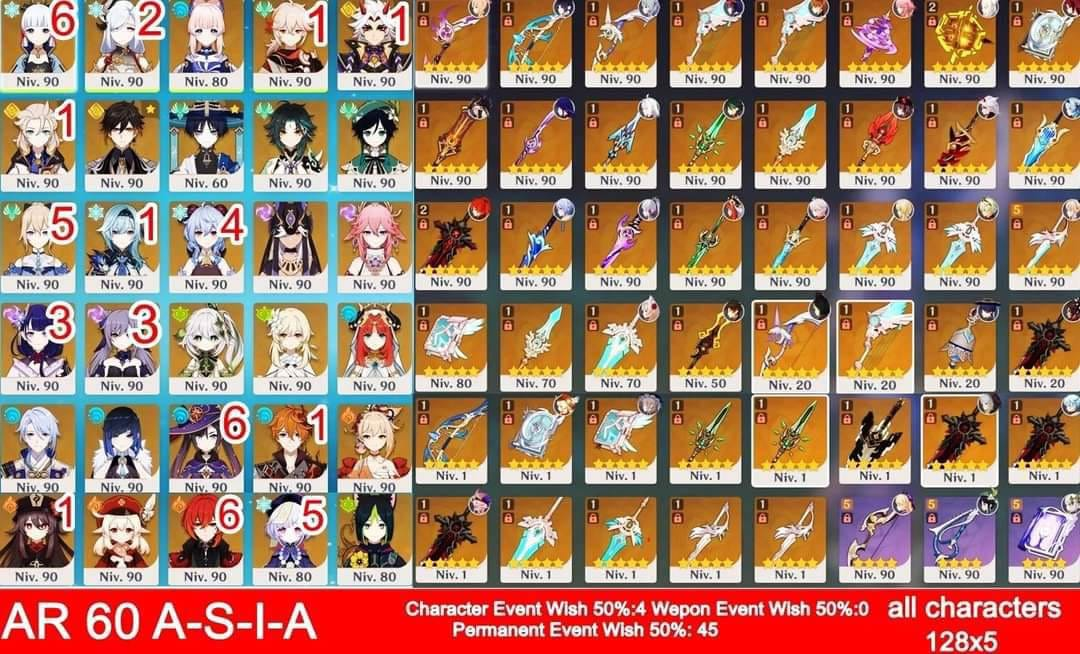 SOLD - asia 128x5 all most all characters many signature weapons ayaka ...