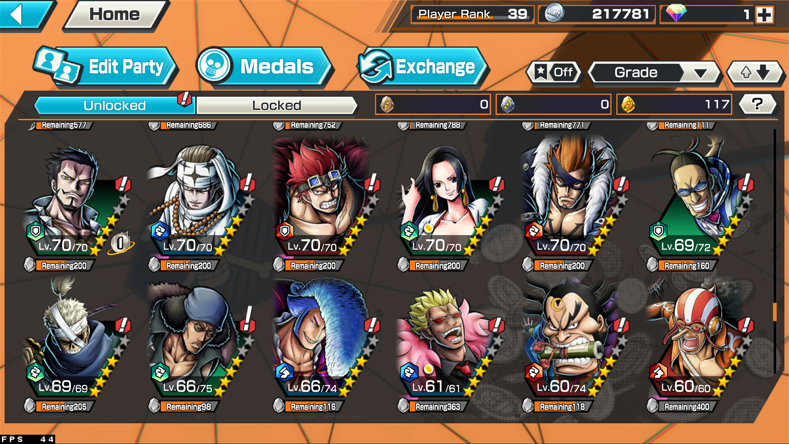 OPBR Account] 4 Extreme Max, Extreme Shanks FR Max, Extreme Olin Max, Extreme Roger Max, Extreme Yamato Max, HyperBoost 6, 49 Medals Max, Global