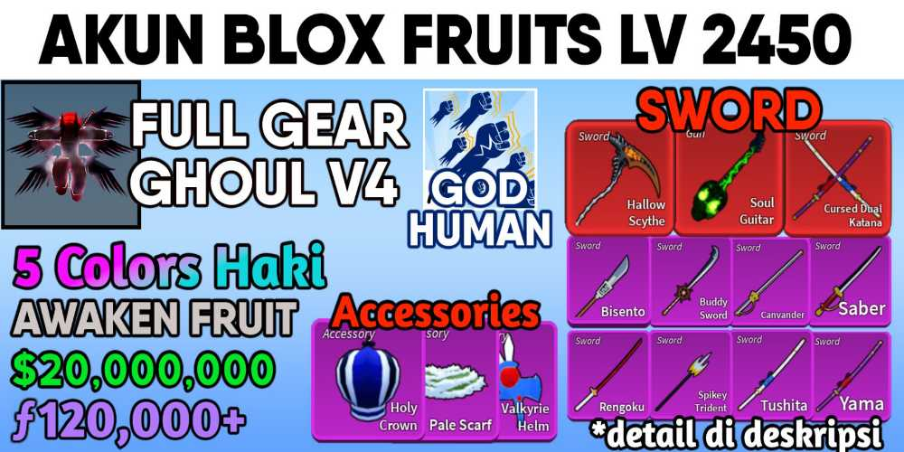 Blox Fruit Account Lv:2450Max, Awaken Dark, GodHuman