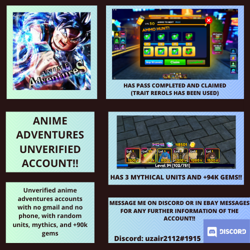 Anime Adventures, Gems 24479, 4 Mythic Units, Unverified Account