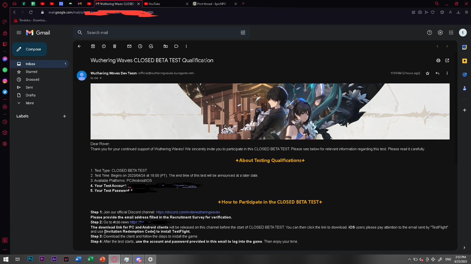 WTS Wuthering Waves CBT email - EpicNPC