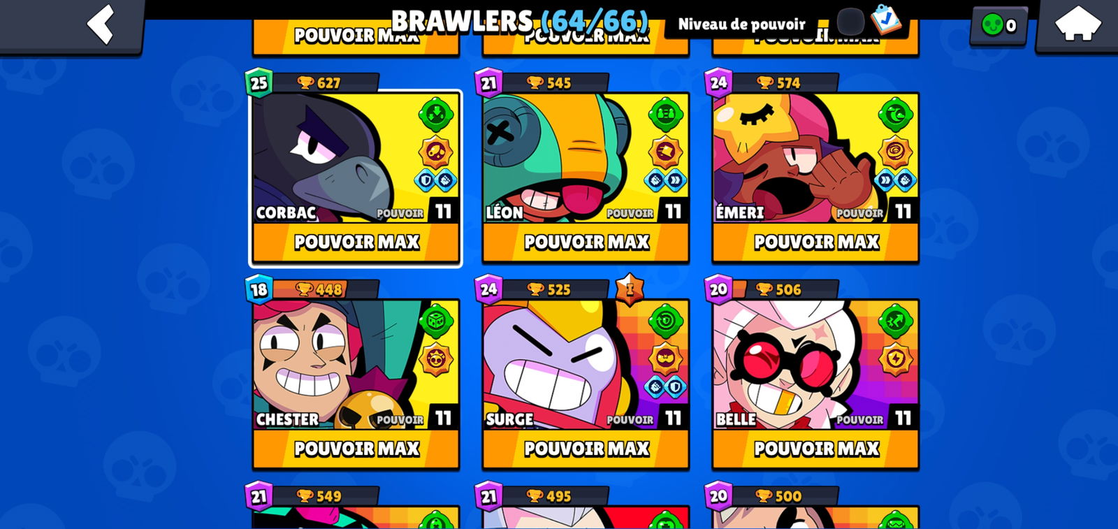 SOLD - 30k trophies , lvl 155 , 64/66 brawlers , 13 brawlers maxed ...