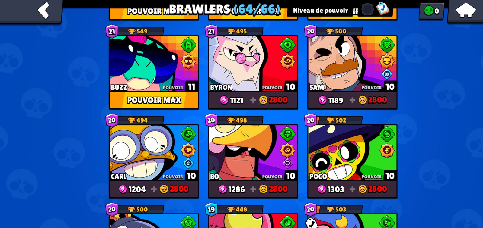 SOLD - 30k trophies , lvl 155 , 64/66 brawlers , 13 brawlers maxed ...