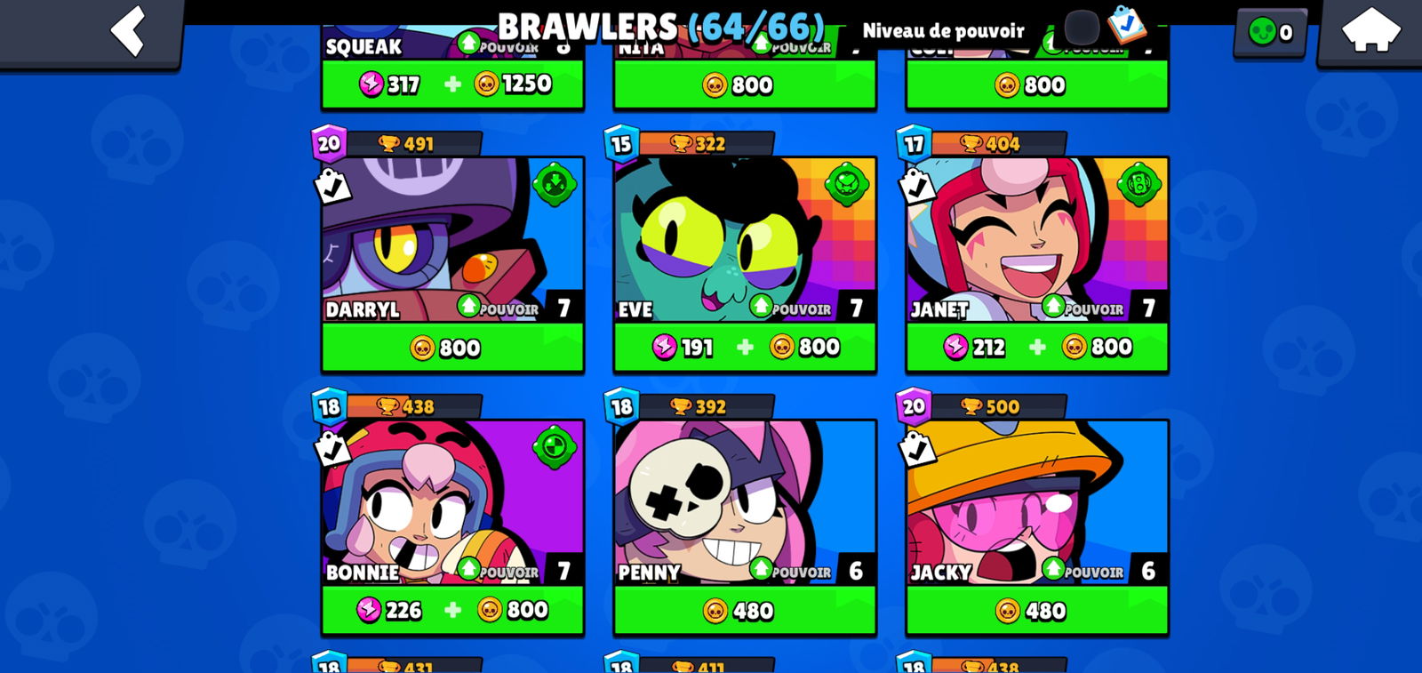 SOLD - 30k trophies , lvl 155 , 64/66 brawlers , 13 brawlers maxed ...