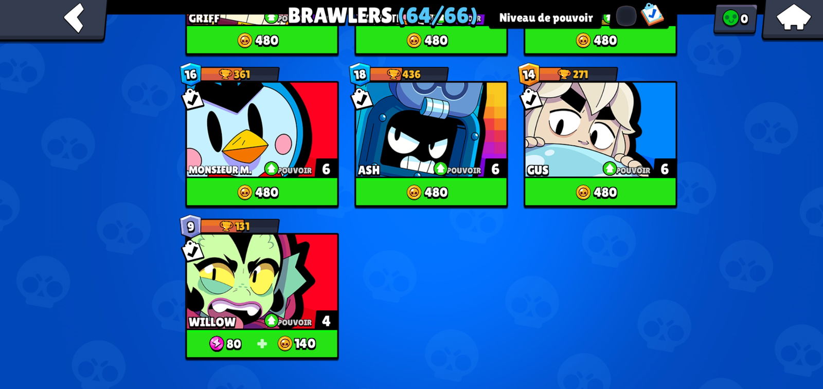 SOLD - 30k trophies , lvl 155 , 64/66 brawlers , 13 brawlers maxed ...