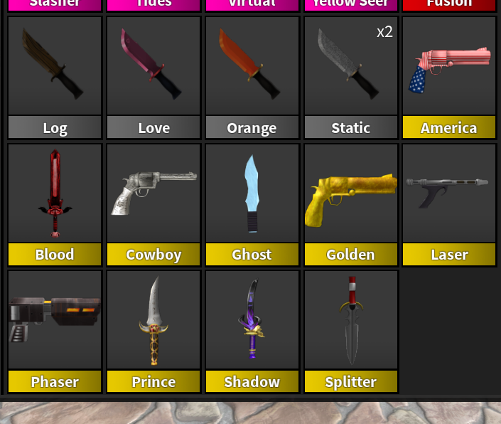 Selling MM2 items, mainly in bulk for robux or giftcards (roblox