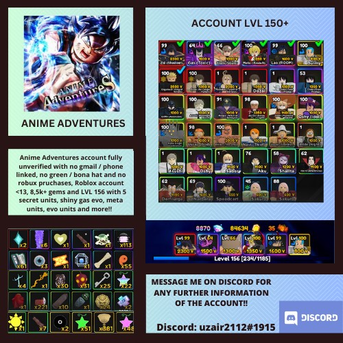 Unique Lao - anime adventures - LVL 127 - fully unverified stacked account  - ️instant delivery ️