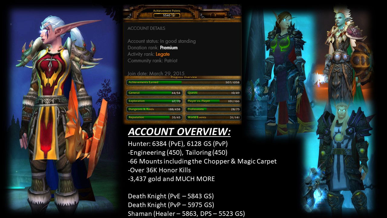 Warmane *Legate* Account (Icecrown) Nearly BIS Hunter, DK & Shaman - EpicNPC