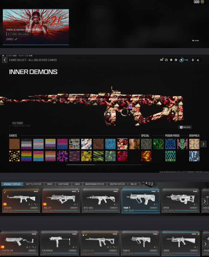 SOLD - 21 savage/833 lvl/diamond/rare camos/Many guns max/Many Bp's ...