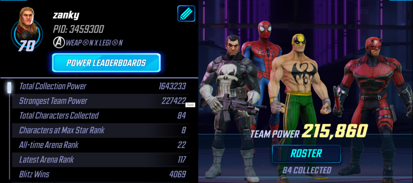 Selling Marvel strike force top account with 1.67 mill ctp and 227k