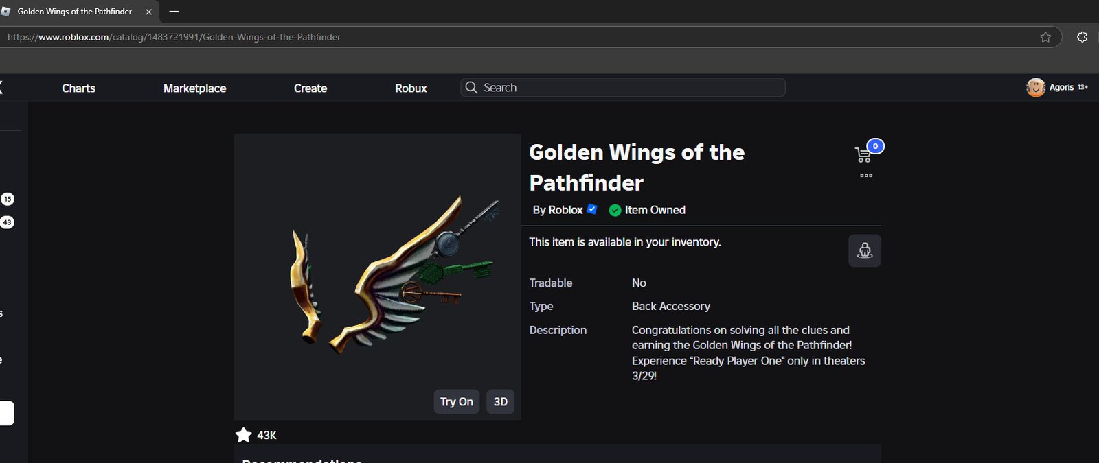 Selling - Selling roblox account with golden Wings of The Pathfinder ...